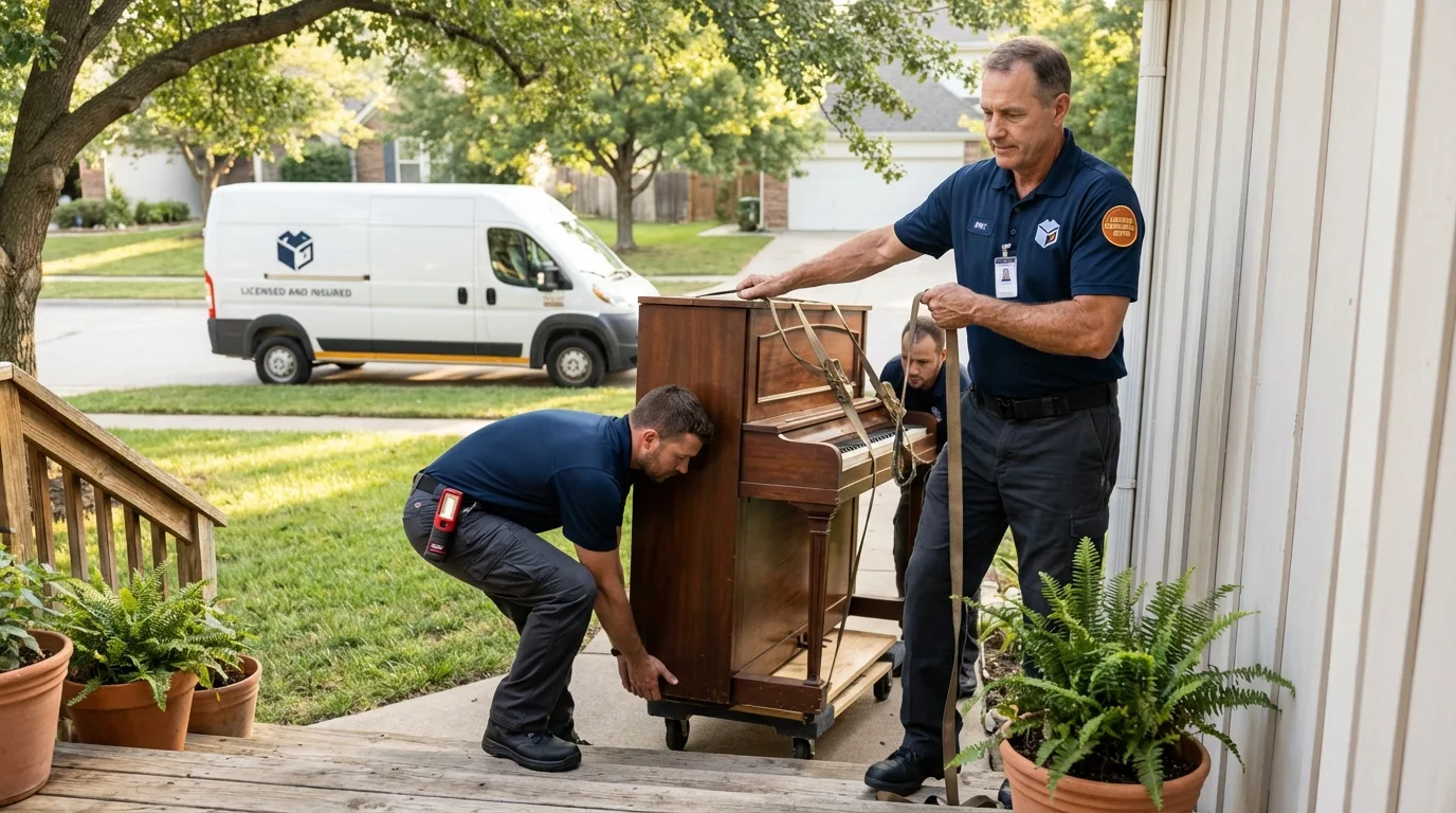 Licensed piano movers securing grand piano in Fairview, NJ